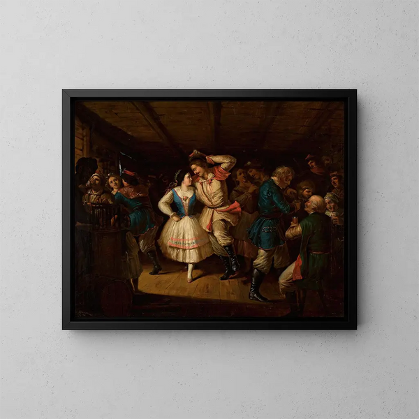 a Folk dance from the Kraków region in a tavern - Władysław Bakałowicz — framed artwork on a wall