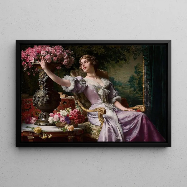 Dame in lilac dress with flowers - Władysław Czachórski — framed artwork on a wall