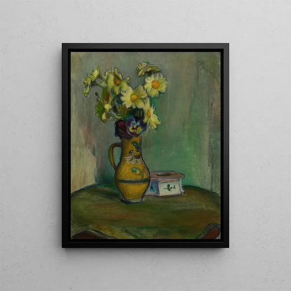 Flowers in a Yellow Pitcher - Władysław Ślewiński — framed artwork on a wall