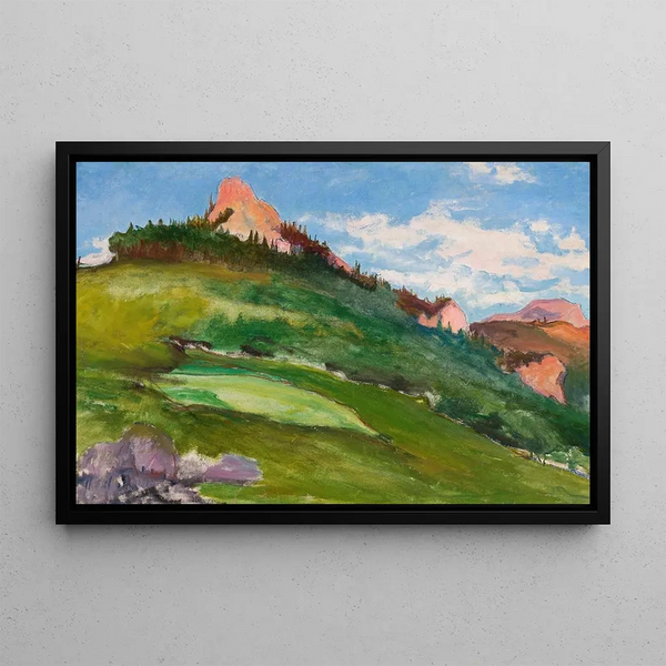 Landscape painting with pink mountain peaks - Władysław Ślewiński — framed artwork on a wall