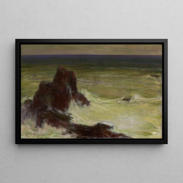 Ocean painting with a solitary rock - Władysław Ślewiński — framed artwork on a wall