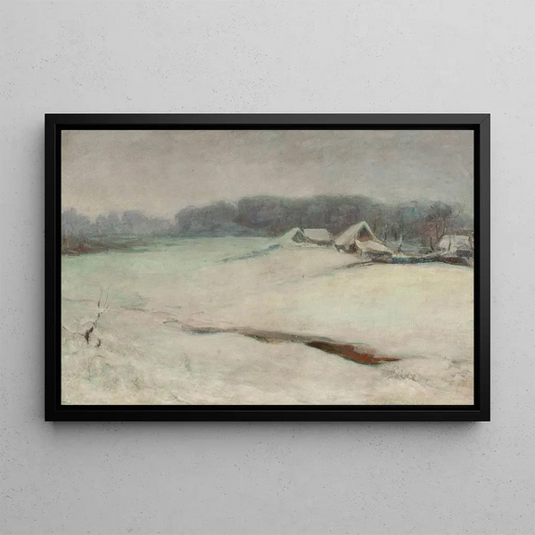 Winter landscape painting with thatched cottages - Władysław Ślewiński — framed artwork on a wall