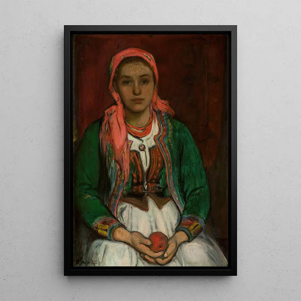 Young Highland Woman with an Apple - Władysław Ślewiński — framed artwork on a wall
