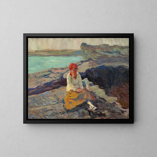 Woman with Red Scarf by the Sea - Walt Kuhn — framed artwork on a wall