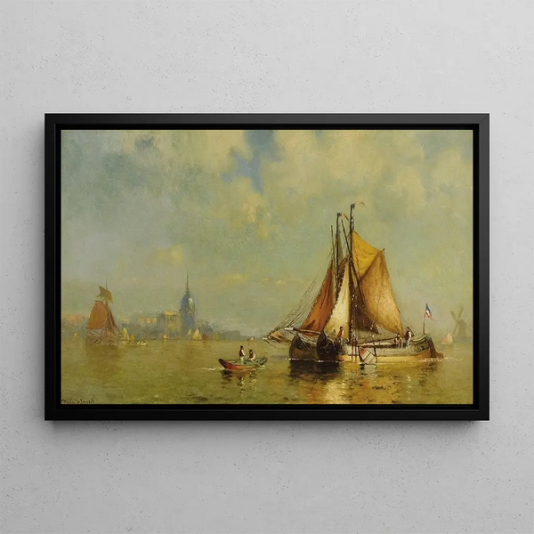 In the port of Dordrecht, Holland - Walter Franklin Lansil — framed artwork on a wall