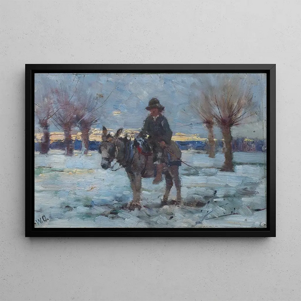 Boy on a Donkey in a Snowy Landscape - Walter Frederick Osborne — framed artwork on a wall
