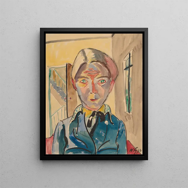 Self-portrait painting in front of a staircase - Walter Gramatt — framed artwork on a wall