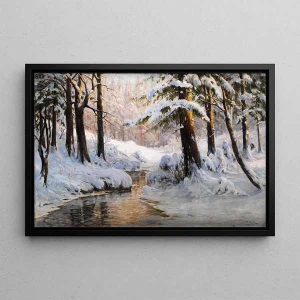 Snowy Forest Landscape Painting - Walter Moras — framed artwork on a wall