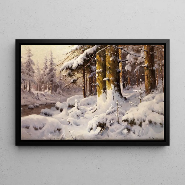 Forest Winter Landscape Painting - Walter Moras — framed artwork on a wall