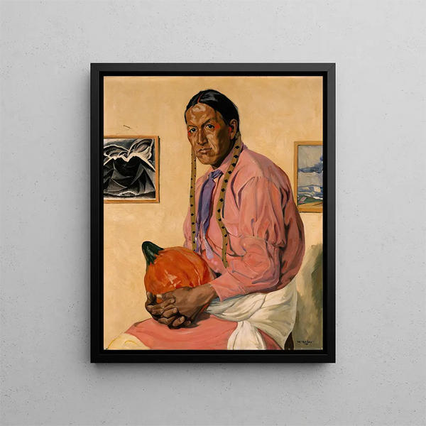 Portrait of a man with a pumpkin - Walter Ufer — framed artwork on a wall