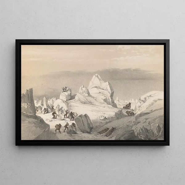 Division of sleds finding and cutting a path through heavy hummocks in Queens Channel - Walter William May — framed artwork on a wall