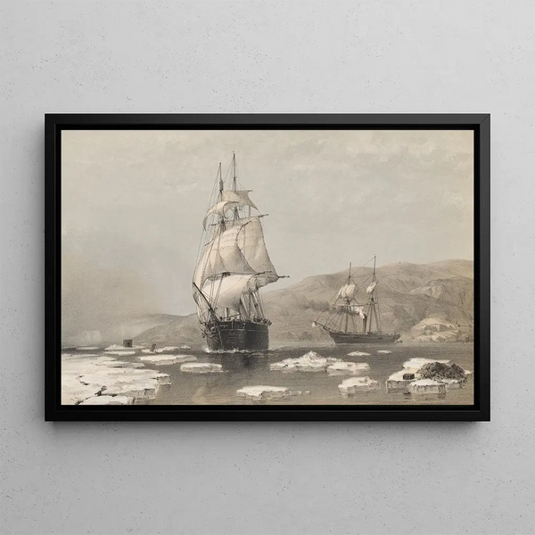 HMS Assistance and Pioneer leaving winter quarters 1854 - Walter William May — framed artwork on a wall