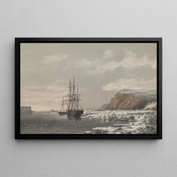 HMS Assistance and Pioneer caught in the ice near Cape Majendie, Wellington Canal, 1853 - Walter William May — framed artwork on a wall