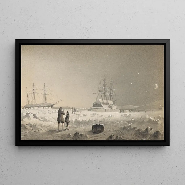 HMS Assistance and Pioneer Painting in Winter Quarters Return of Daylight - Walter William May — framed artwork on a wall