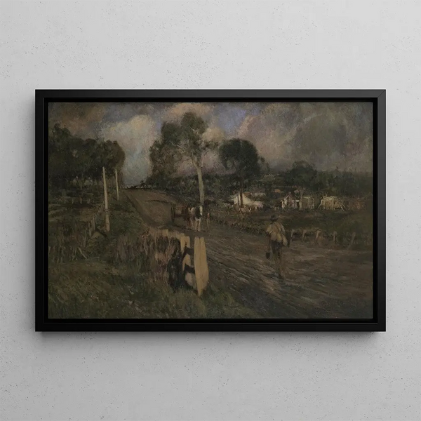 Approaching the village - Walter Withers — framed artwork on a wall