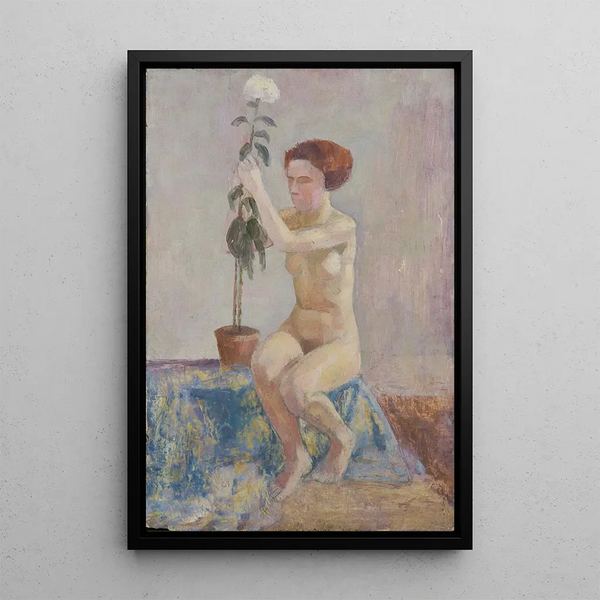 Nude painting with flower pot - Walther Gamerith — framed artwork on a wall