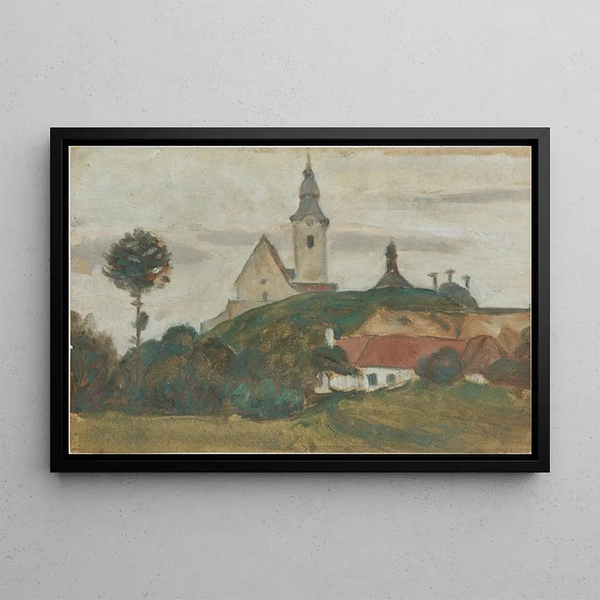 Landscape with Church and Village - Walther Gamerith — framed artwork on a wall