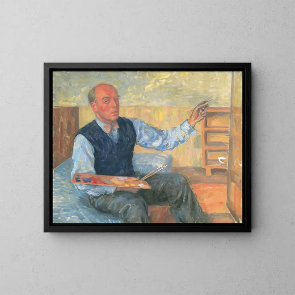 Self-portrait with palette and brush - Walther Gamerith — framed artwork on a wall