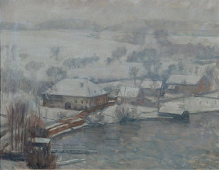 Winter landscape painting at the edge of Lake Attersee - Walther Gamerith — artwork view