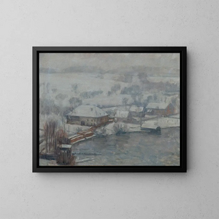 Winter landscape painting at the edge of Lake Attersee - Walther Gamerith — framed artwork on a wall