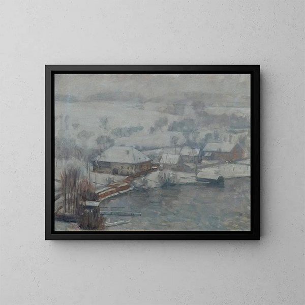 Winter landscape painting at the edge of Lake Attersee - Walther Gamerith — framed artwork on a wall