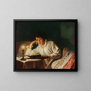 L'épouse de l'artiste lit au lit - Wenzel Tornow — framed artwork on a wall
