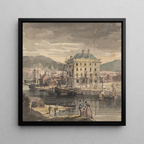 Weymouth with figures, shipping, and view of the Custom House - John Henderson — framed artwork on a wall