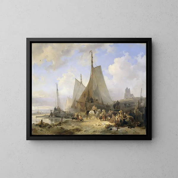 Bateaux de pêche sur la plage avec des pêcheurs et des femmes triant le poisson - Wijnand Nuyen — framed artwork on a wall