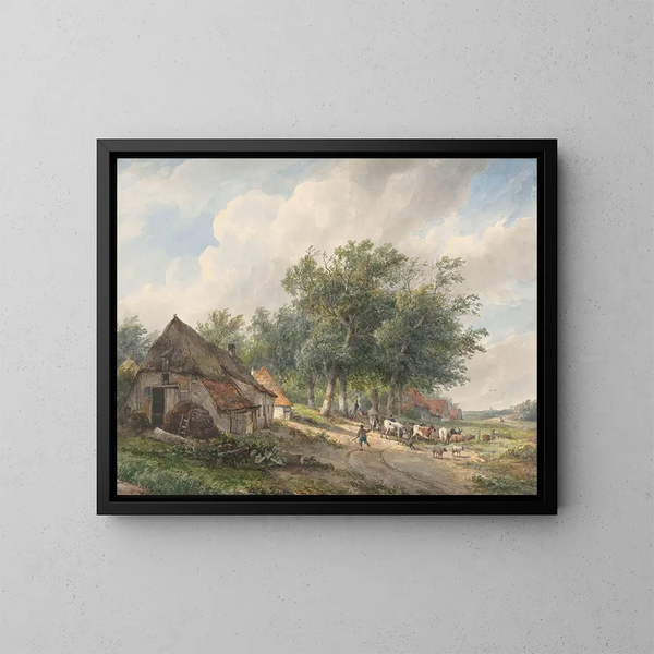 Landscape painting with farms and livestock - Wijnand Nuyen — framed artwork on a wall