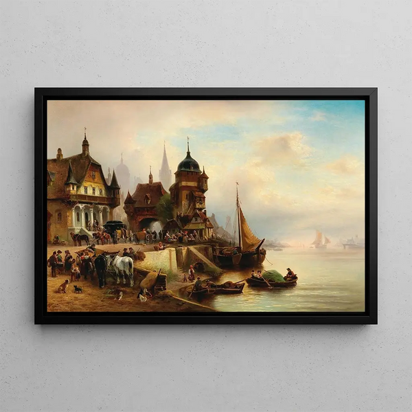 A lively scene in the port - Wilhelm Alexander Meyerheim — framed artwork on a wall