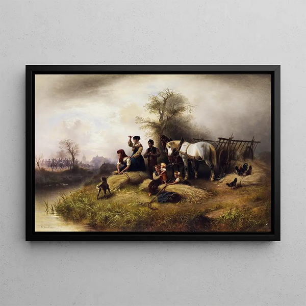 Family of peasants during the harvest of cereals and cavalry - Wilhelm Alexander Meyerheim — framed artwork on a wall