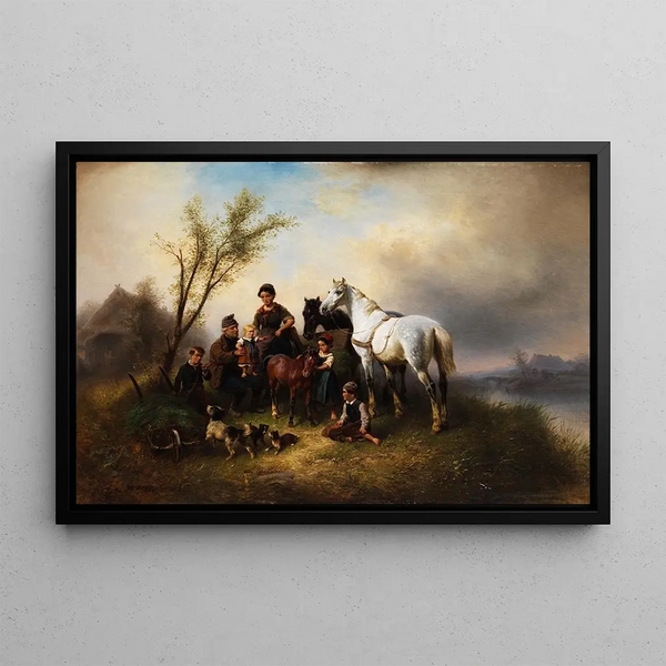 Family of peasants by the river - Wilhelm Alexander Meyerheim — framed artwork on a wall