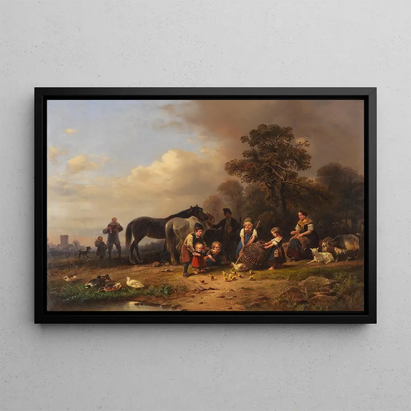 Plaisir champêtre, famille de paysans près d'un panier avec de jeunes poulets - Wilhelm Alexander Meyerheim — framed artwork on a wall