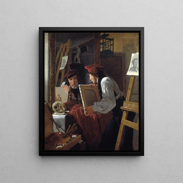 a young artist Ditlev Blunck examining a sketch in a mirror - Wilhelm Bendz — framed artwork on a wall