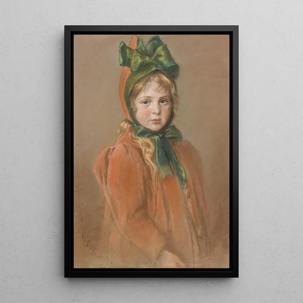 Portrait of a Young Girl with a Green Ribbon The Artist's Daughter - Wilhelm Carl Räuber — framed artwork on a wall