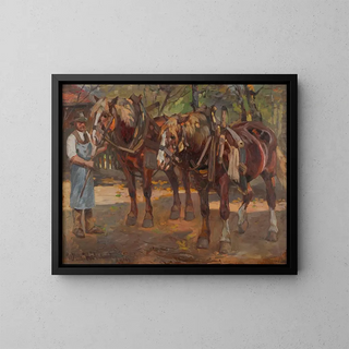 Horse-drawn carriage painting - Wilhelm Hähnel — framed artwork on a wall