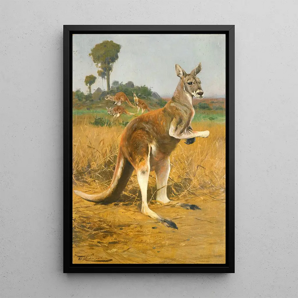 Kangaroo painting in the Outback - Wilhelm Kuhnert — framed artwork on a wall