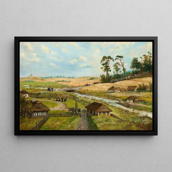 Les troupes de Kościuszko traversent un village - Wilhelm Leopolski — framed artwork on a wall