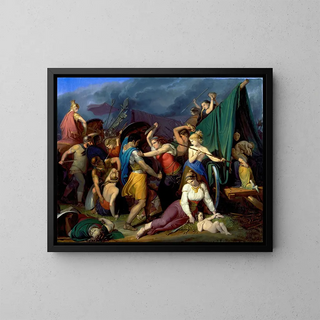 Les femmes des Cimbers défendant leur char contre les Romains - Wilhelm Lindenschmit l'Ancien — framed artwork on a wall