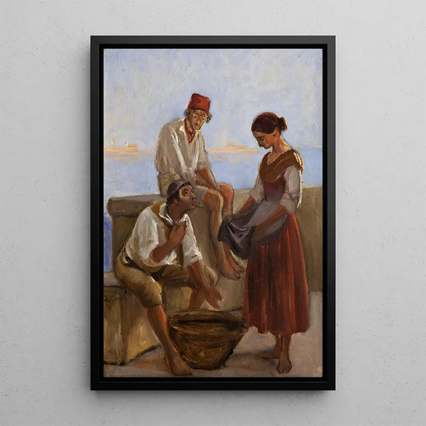 A young girl and two fishermen - Wilhelm Marstrand — framed artwork on a wall