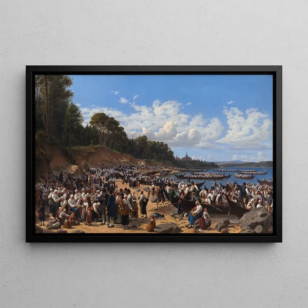 The Faithful arriving by boat at the parish church of Leksand on Lake Siljan, Sweden - Wilhelm Marstrand — framed artwork on a wall