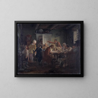 College political painting, after Act I, Scene 2 of La Tinker politique by Ludvig Holberg - Wilhelm Marstrand — framed artwork on a wall
