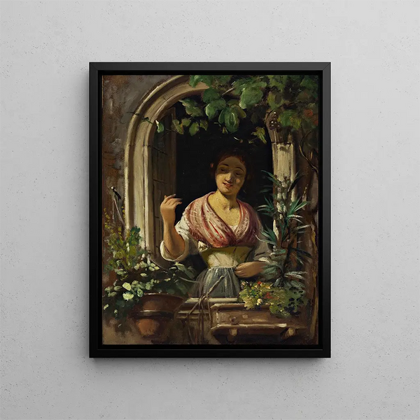 Italian Woman Greeting from a Window, late 1850s - Wilhelm Marstrand — framed artwork on a wall
