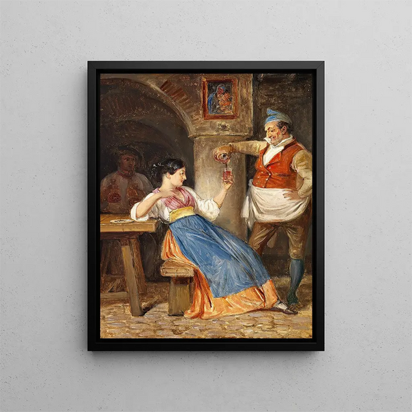 Krofatter serving red wine to an Italian young woman - Wilhelm Marstrand — framed artwork on a wall