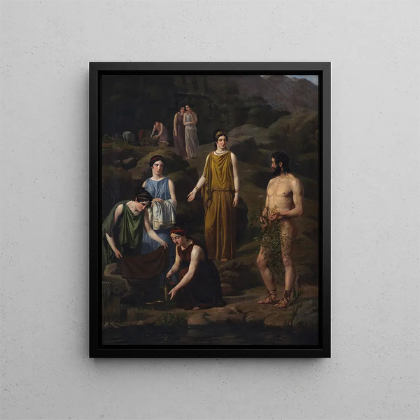 Nausicaa painting brings the clothes of the shipwrecked Ulysses - Wilhelm Marstrand — framed artwork on a wall