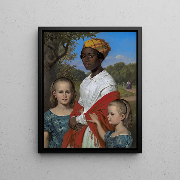 Portrait of the two daughters of Otto Marstrand and their Caribbean nanny Justina Antoine in the gardens of Frederiksberg near Copenhagen - Wilhelm Marstrand — framed artwork on a wall
