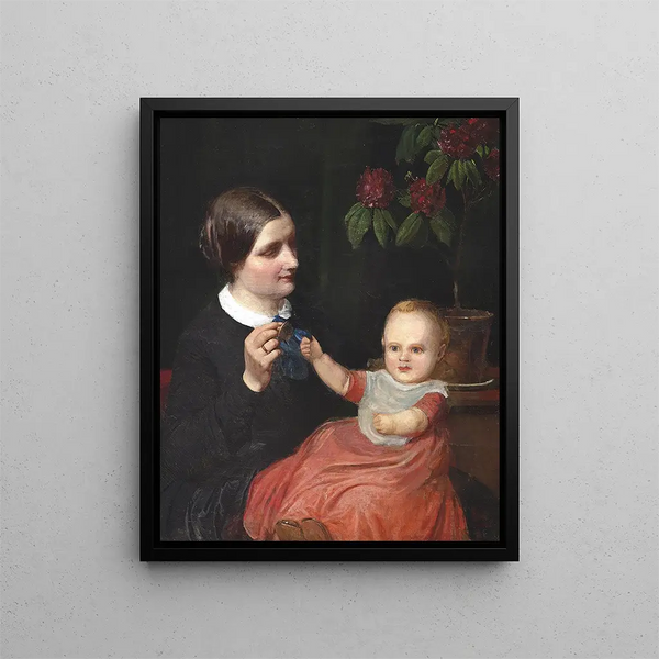 Portrait of the artist's woman with her son Poul on her knees - Wilhelm Marstrand — framed artwork on a wall