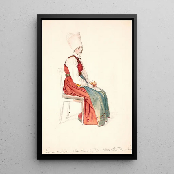 Swedish peasant painting of a seated woman with a headscarf - Wilhelm Marstrand — framed artwork on a wall