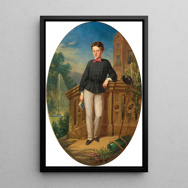 The Young Naturalist Portrait of a Boy with Butterfly Net and Botanist's Drum - Wilhelm Pilgram — framed artwork on a wall