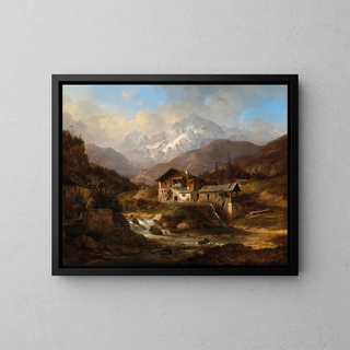 A courtyard in the Swiss mountains - Wilhelm Scheuchzer — framed artwork on a wall